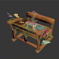 Craftsman Wooden Workbench With Various Tools Red Cloth Papers And Measuring Tape