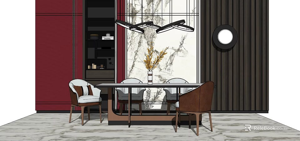 Modern Luxury Dining Table Set With Chairs Pendant Light Marble Backdrop Red Wall Round Mirror 3d model
