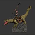 Muscular Warrior Riding Yellow Beast With Curled Tail Red Tongue Holding Spear On Rock Base