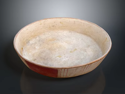 Hand Carved Artisan Ceramic Bowl Featuring Off White Body And Red Striped Base 3d model