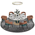 Round Dining Table Set with Six Orange Chairs Vase Tableware Ceiling Lamp and Striped Carpet 3d model