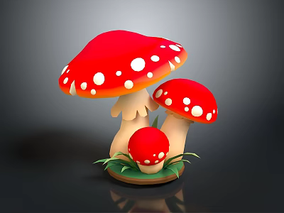 Decorative Red Mushroom Components With White Spots Yellow Stems Green Grass And Brown Base 3d model