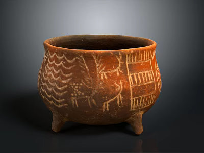 Ancient Brown Clay Pot With Three Legs And Decorative Surface Patterns 3d model