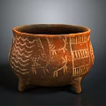 Ancient Brown Clay Pot With Three Legs And Decorative Surface Patterns