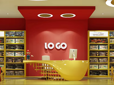 Toy Shop In Shopping Mall With Red Walls Yellow Reception Desk And Toy Car Shelves 3d model