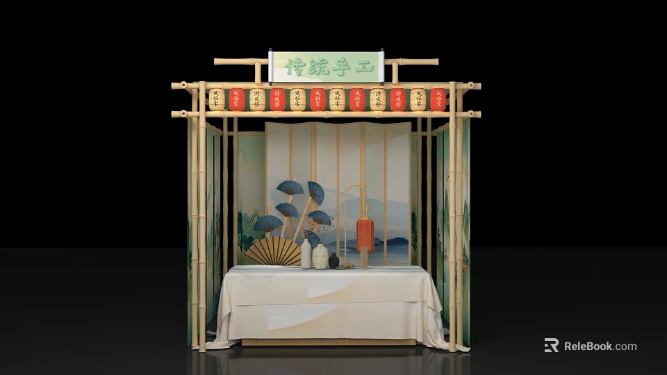 Traditional Craft Display With Bamboo Frame Red Lanterns And Fan Decor 3d model 