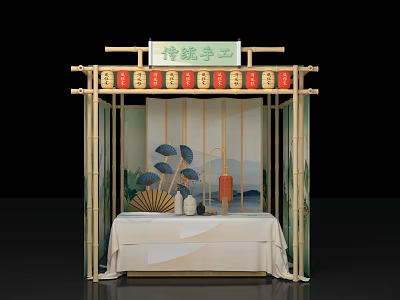 Traditional Craft Display With Bamboo Frame Red Lanterns And Fan Decor 3d model