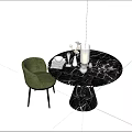Round Black Marble Dining Table Set With Green Chair And Decorative Tableware 3d model