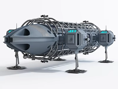 Futuristic Mechanical Spaceship With Metal Frame Support Legs And Blue Lights 3d model