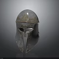 Ancient Medieval Weapon Silver Helmet With Golden Ornate Engravings And Metallic Finish