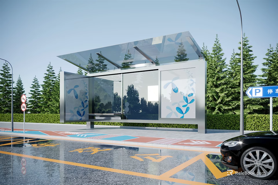 Modern Bus Station With Transparent Roof Glass Walls And Green Pine Trees 3d model 
