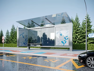 Modern Bus Station With Transparent Roof Glass Walls And Green Pine Trees 3d model