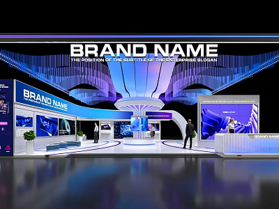 Modern Exhibition Booth Design Featuring Brand Name Lighting Curved Structure And Display Screens 3d model