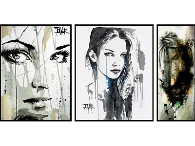 Black and White Portrait Paintings With Ink Wash Style And Detailed Facial Features 3d model