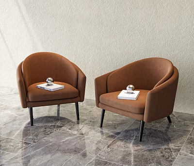 Brown Upholstered Single Chairs With Book And Silver Sphere On Light Wall Marble Floor 3d model