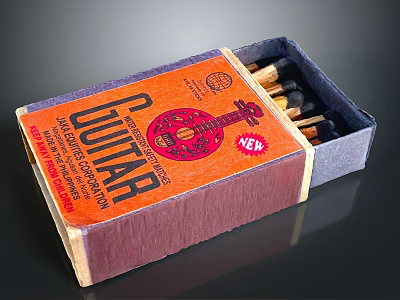 Open Guitar Themed Matchbox With New Label And Wooden Matches Inside 3d model