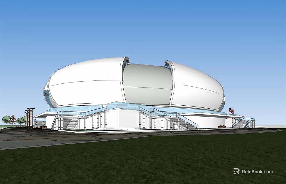 Modern Architectural Structure With Two White Domes Staircase And Grassland Surroundings 3d model