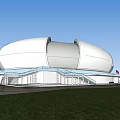 Modern Architectural Structure With Two White Domes Staircase And Grassland Surroundings 3d model