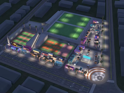 Vibrant Commercial Street At Night With Shops Food Trucks Outdoor Seating And Green Lawn Areas 3d model