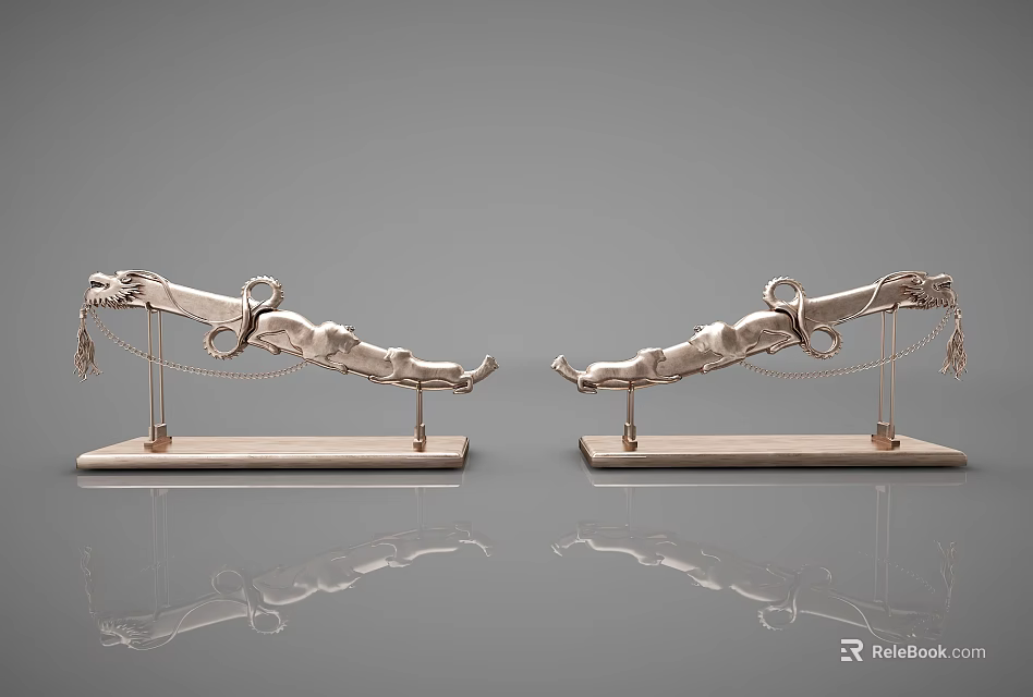 Exquisite Golden Animal Shaped Figurine Ornament Set With Chain And Wooden Base 3d model 