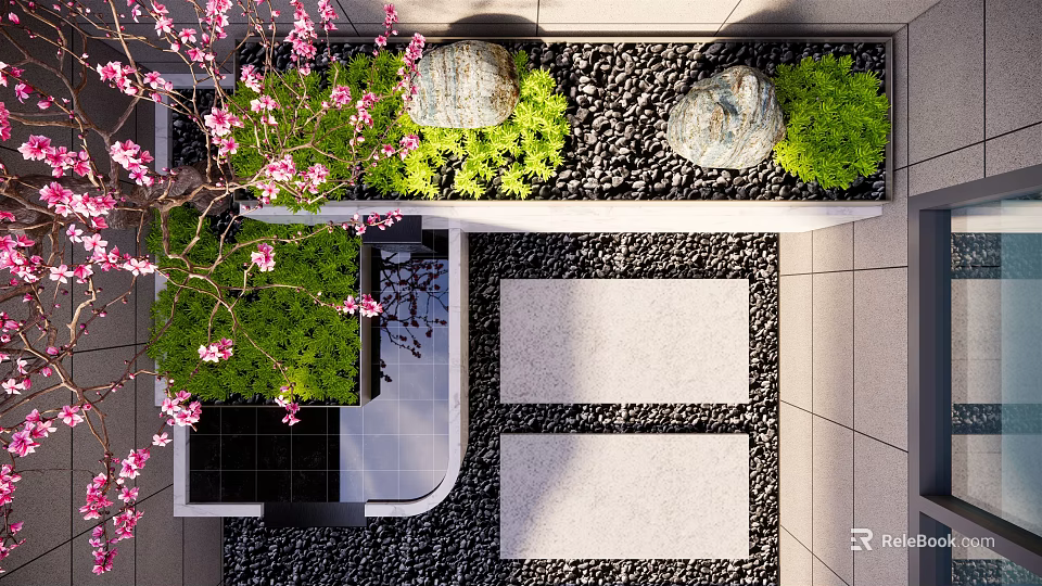 Courtyard Garden Design With Pink Blossoms Stones Green Plants And Stone Pathway 3d model 
