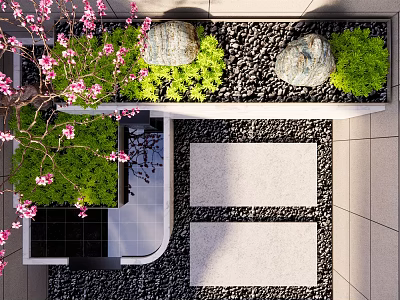 Courtyard Garden Design With Pink Blossoms Stones Green Plants And Stone Pathway 3d model
