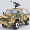 Military Style Utility Vehicle With Camouflage Paint Roof Mounted Machine Gun And Off Road Capabilities