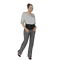 Woman Standing In White Top Gray Pants Black Belt And Red Shoes Three Quarter View