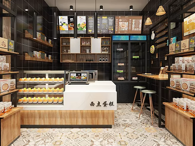 Modern Dessert Shop Interior With Glass Display Cases Fresh Cakes Wooden Shelves And Green Stools 3d model
