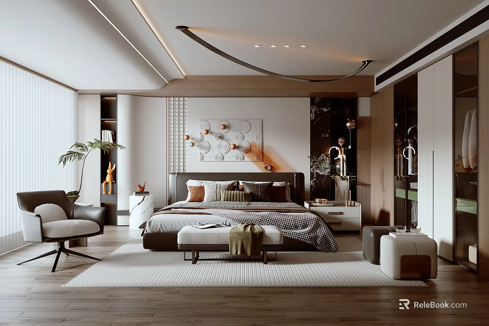 Modern Bedroom Interior Design With Wooden Headboard Pillows Bed Bench Armchair And Wall Art 3d model 
