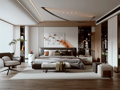 Modern Bedroom Interior Design With Wooden Headboard Pillows Bed Bench Armchair And Wall Art 3d model