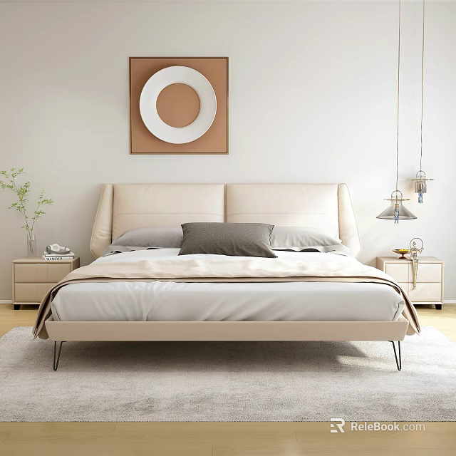 Modern Double Bed with Cream Headboard Soft Pillows Nightstands Lamp and Decorative Painting In Bedroom 3d model 