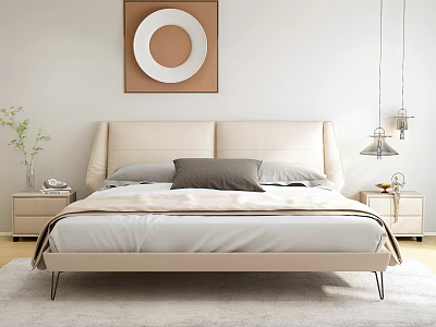 Modern Double Bed with Cream Headboard Soft Pillows Nightstands Lamp and Decorative Painting In Bedroom 3d model
