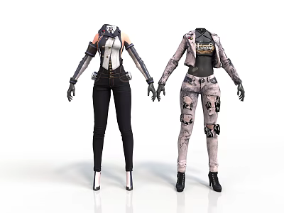 Two Stylish Futuristic Fashion Outfit Designs With Jackets Pants And Accessories 3d model