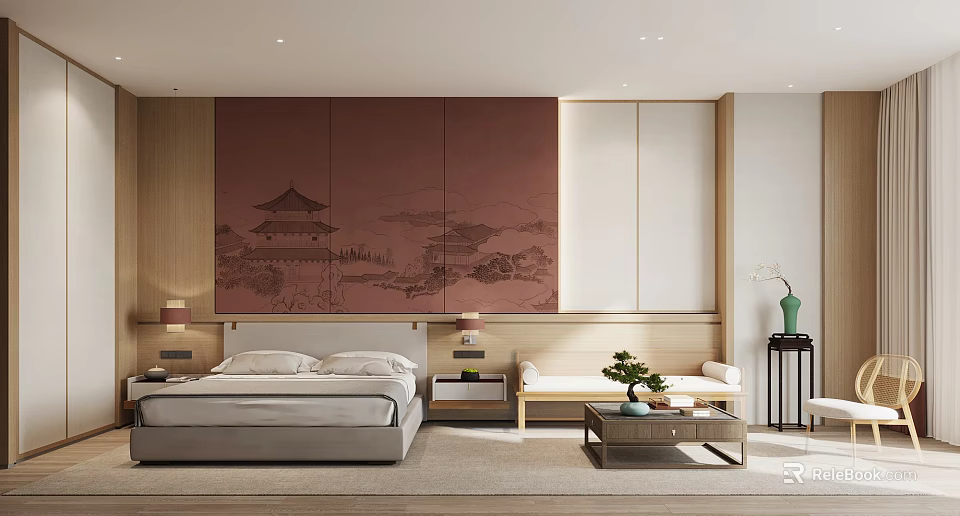 Modern Chinese Hotel Guest Room Interior With Bed Sofa Mural And Green Vase 3d model 