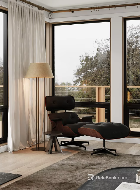 Modern Black Leisure Chair With Ottoman Floor Lamp And Window Tree View 3d model 