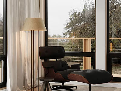 Modern Black Leisure Chair With Ottoman Floor Lamp And Window Tree View 3d model