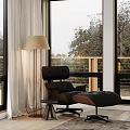 Modern Black Leisure Chair With Ottoman Floor Lamp And Window Tree View
