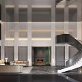 Elegant Hotel Lobby Interior Featuring Marble Floor Arched Decor Symmetrical Bookshelves And Fireplace