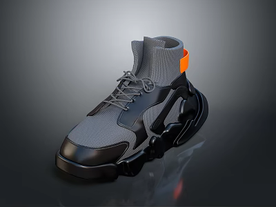 Modern Stylish Sneakers With Gray Black Orange Mesh Leather And Thick Sole 3d model