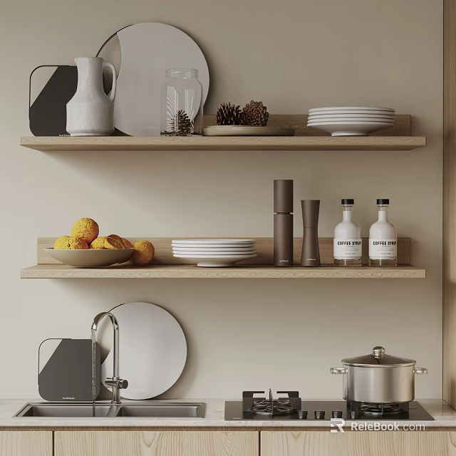 Minimalist Modern Kitchenware Display On Wooden Shelves 3d model