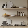 Minimalist Modern Kitchenware Display On Wooden Shelves 3d model
