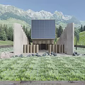 Modern Detached Villa With Glass Facade Lush Grassland Trees And Mountain View