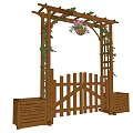 Wooden Garden Gate with Arched Top Lush Vines and Side Planter Boxes