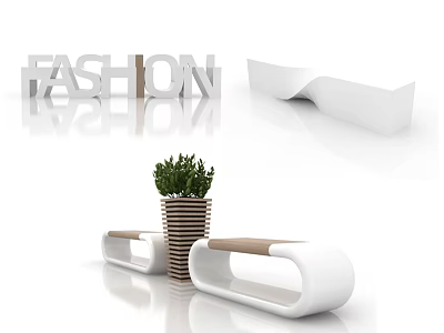 Modern Fashionable Public Chair Design With Potted Green Plant And Stylish Lettering 3d model