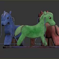 Children Playing With Colorful Wooden Carousel Horses On Round Base
