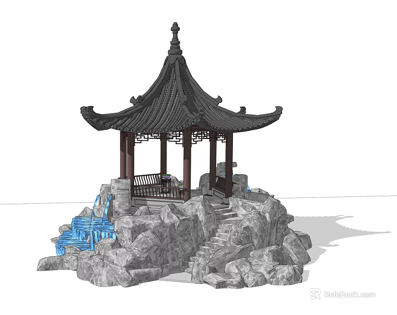Traditional Chinese Style Pavilion With Black Roof And Rockery Water Feature 3d model 