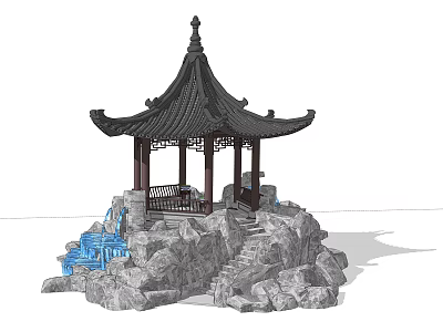 Traditional Chinese Style Pavilion With Black Roof And Rockery Water Feature 3d model