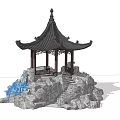 Traditional Chinese Style Pavilion With Black Roof And Rockery Water Feature