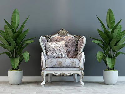 Ornate Carved Single Sofa With Patterned Cushions Flanking Green Plants Gray Wall And Light Floor 3d model